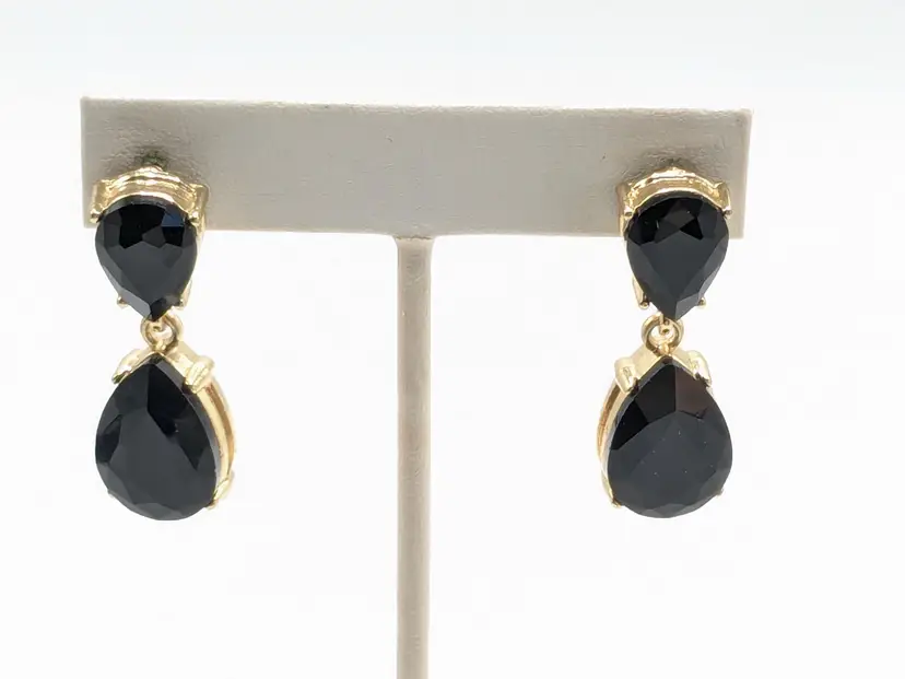 Faceted Black Teardrop Earrings with Gold Tone Setting