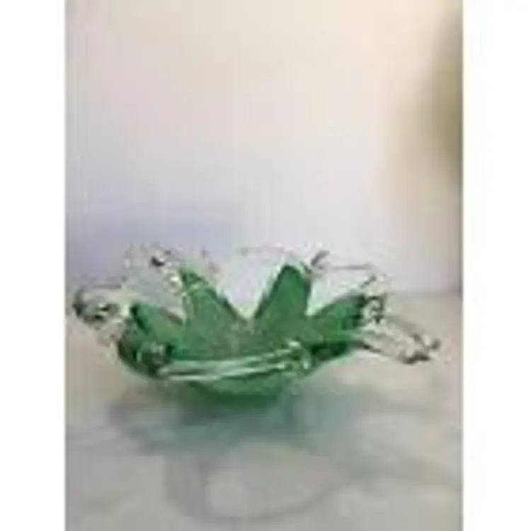 Vintage Mid-Century Green Art Glass Ashtray Bowl Star Openwork Webbed Swirl MCM