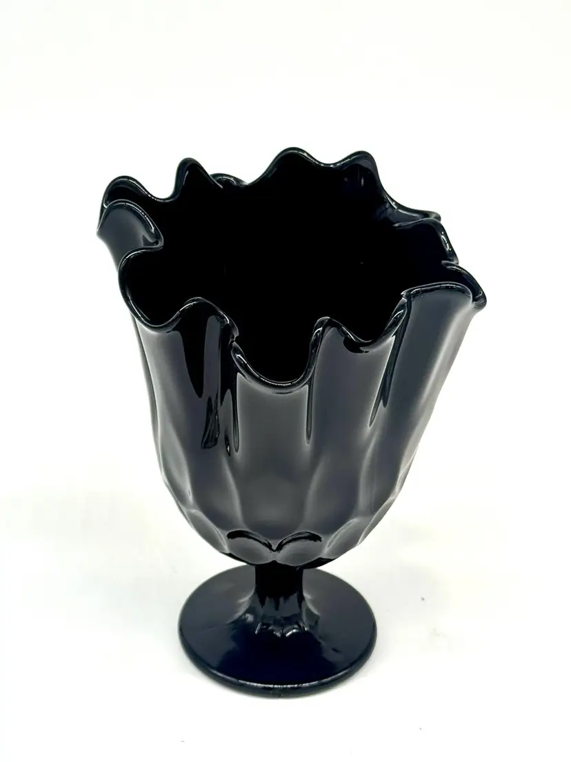 Vintage Art Glass Fenton Black Amethyst Handkerchief Vase apx 8”