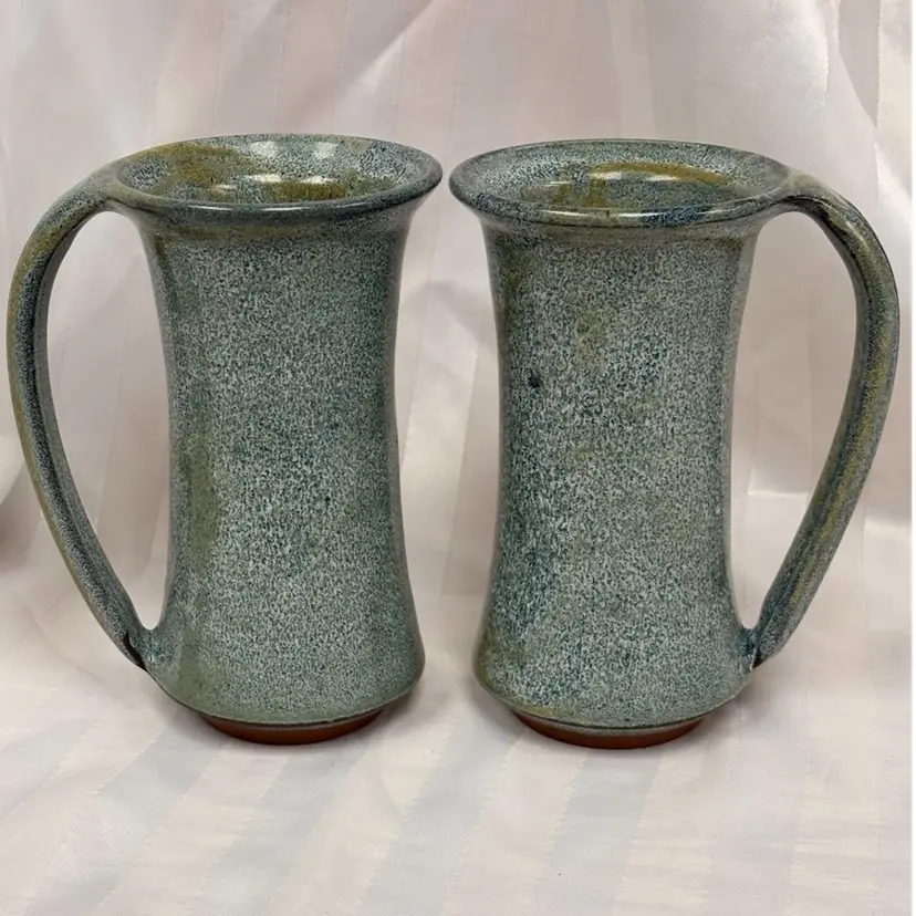 Two 6” Tall Studio Blue Green Pottery Coffee Mugs - Redware And Signed