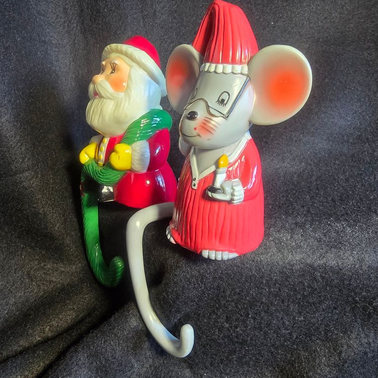 Vintage 1982 Sun Hill Christmas Stocking Holders – Santa Claus & Mouse with Candle – Set of 2