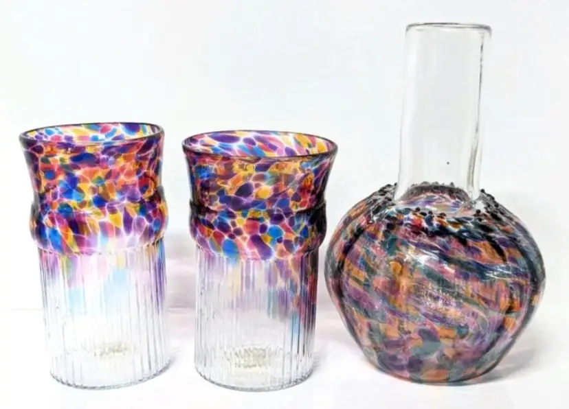 Stunning Signed 2010 Colorful Confetti Art Glass Decanter & 2 Glasses | Decanter 7.75" Tall