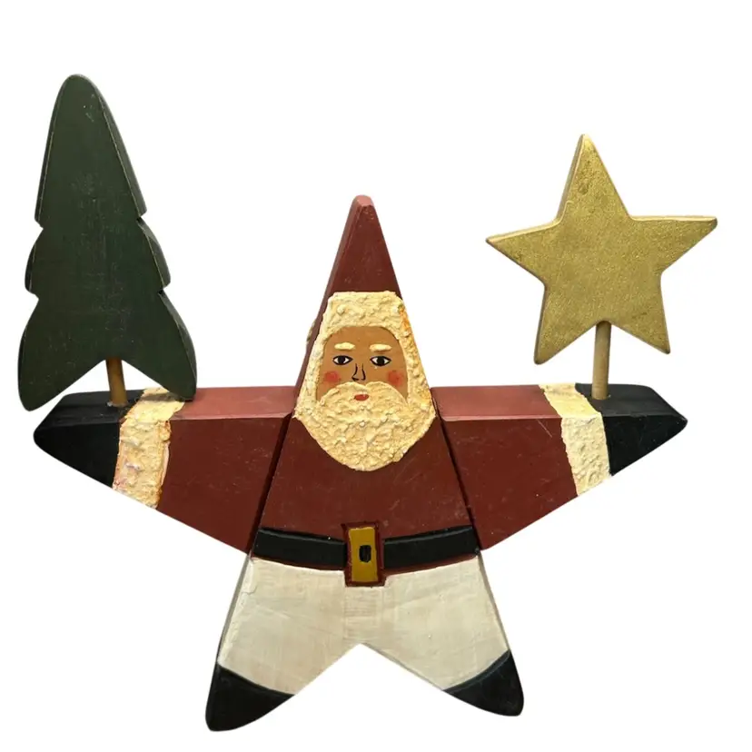 Vintage Wooden Carved Star Santa With Tree And Star @ 10 1/2x 10