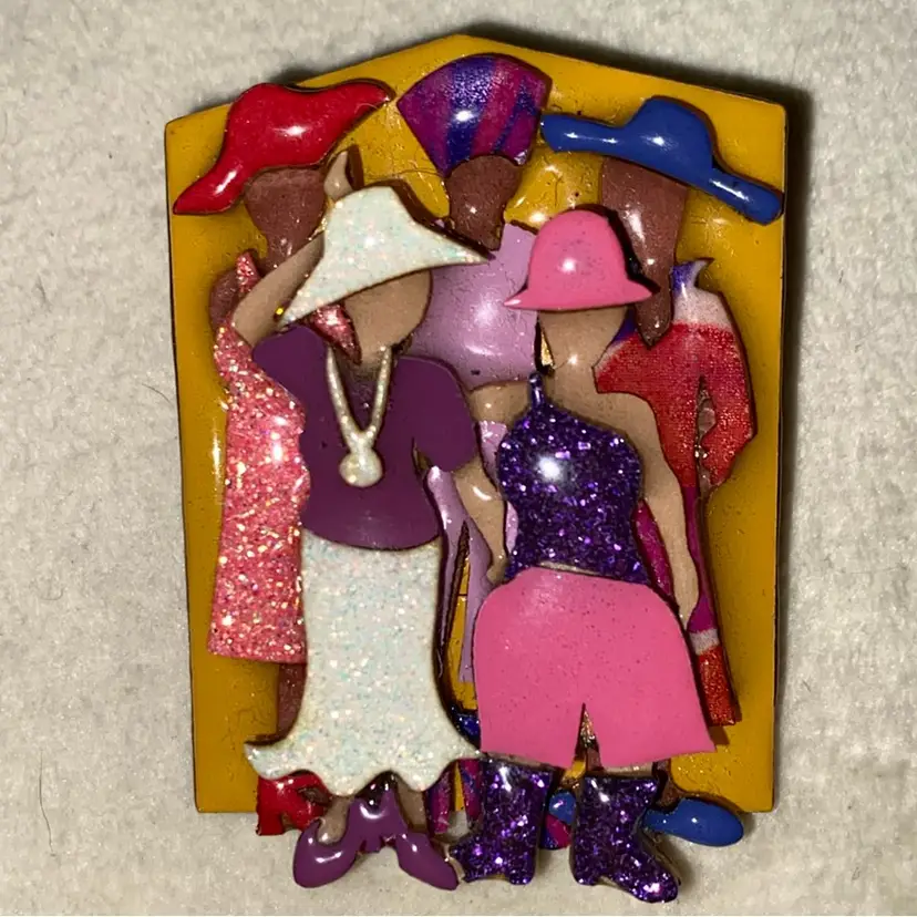 Designs By LUCINDA ~ Woman Pin - 5 Best Friends Out On The Town Wearing Their Sparkly Pink, Red & Purple Outfits … Shopping & Having Fun! Tan Background