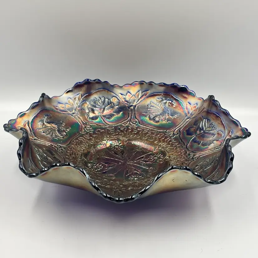 Fenton Carnival Glass Blue Dragon & Lotus Pattern Ruffled Bowl 9”