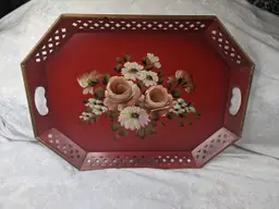 Vintage Large Tole Tray Hand Painted Roses Flowers On Red ET Nash Co New York Pierced Edge Serving Wall decor 20x15