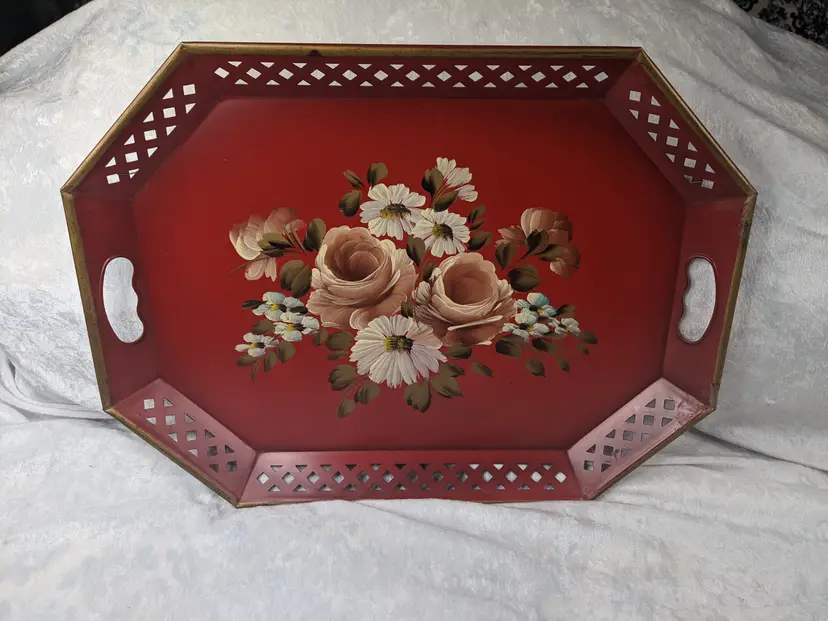 Vintage Large Tole Tray Hand Painted Roses Flowers On Red ET Nash Co New York Pierced Edge Serving Wall decor 20x15
