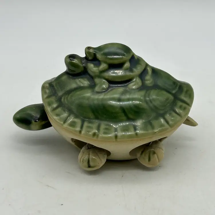 Glazed Pottery Green Turtle & Babies Bobble Head Feet & Tail Miniature