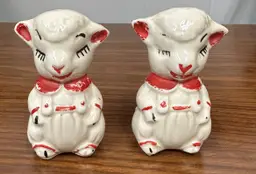 Vintage Shawnee Lamb Salt & Pepper Shaker Set Ceramic Sheep Red Accents
