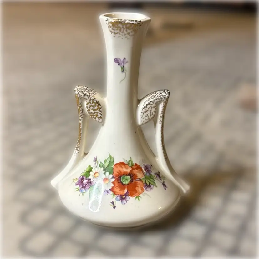 Vintage American Pottery Flower and Gold-Gilded Vase - 6.25” tall and 4.25” in diameter at the bottom
