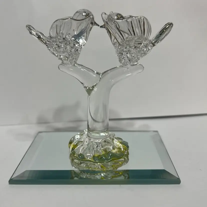 Art Glass Gold Gilded Love Birds Sitting In A Tree On Mirrored Base, Delicate, ~3.5x3.25x2.25