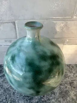 3" Turquoise Green Bulbous Ceramic Bud Vase MCM Handmade Studio Pottery Artist Signed Finland