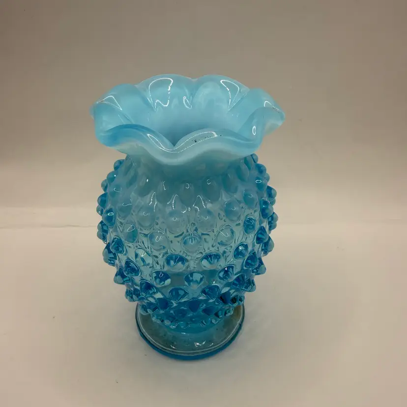 Fenton Blue Opalescent Hobnail Crimped Mini Vase 3.75”
