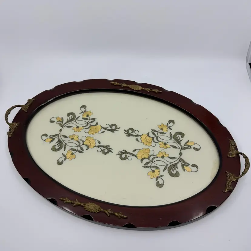 Vtg Woodvtray W Brass Hardware W Gold & Green Embroidered Flowers 17.5”