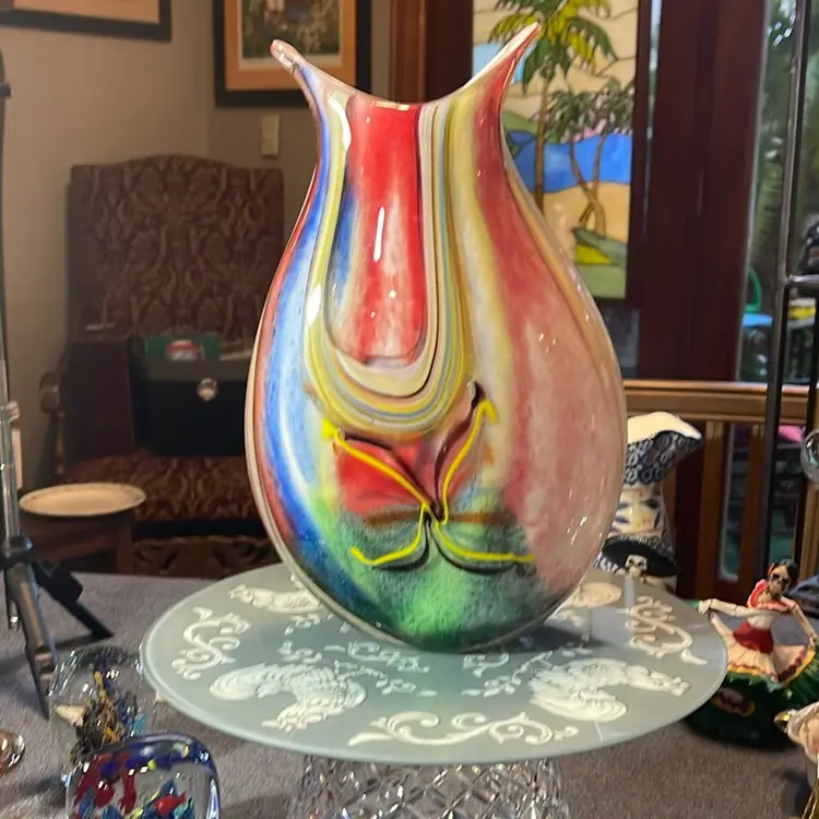 Art Glass Vase Hand Blown 11.5” Reds,Blues, Greens Fluted Top