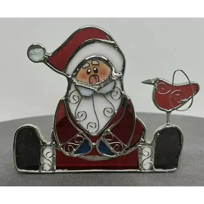 Christmas Santa Claus Stained Glass Tabletop Suncatcher Votive Candle Holder