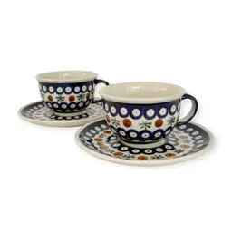 Vintage Boleslawiec Polish Pottery Tea Cup & Saucer Nature Pattern Traditional