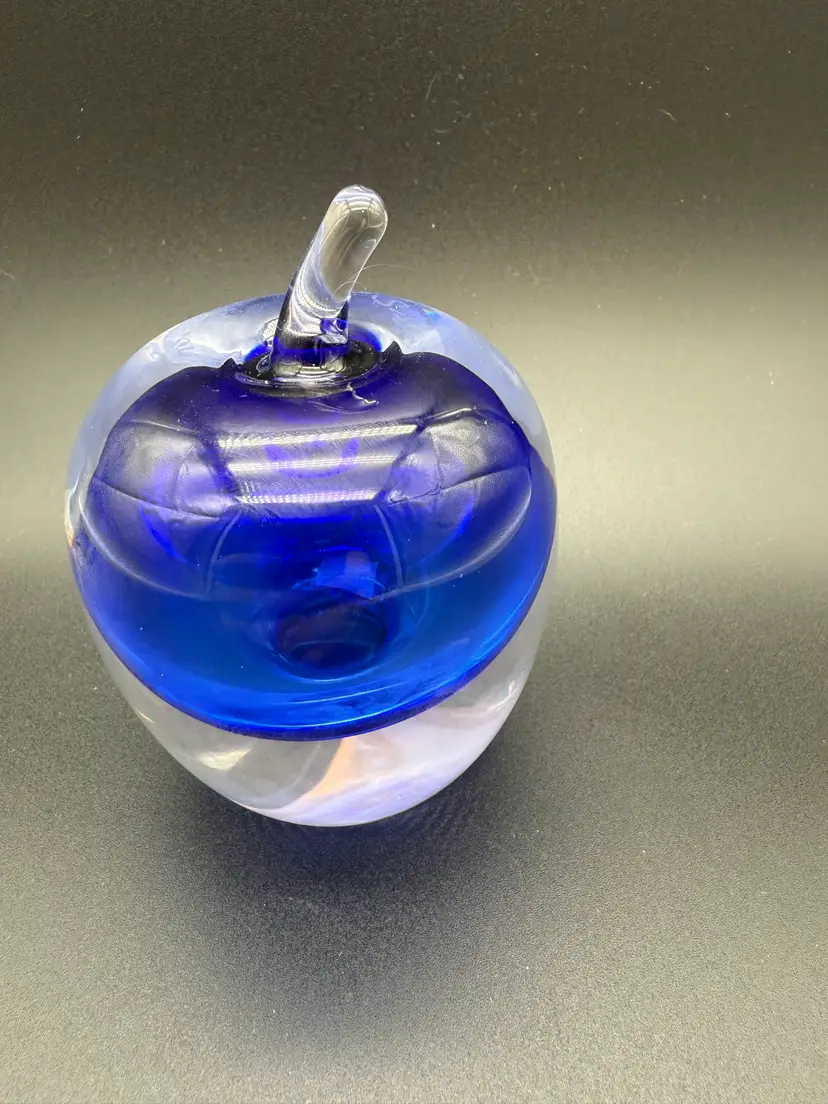 Signed Cobalt Glass Apple Paperweight - Studio Lahusto Sweden