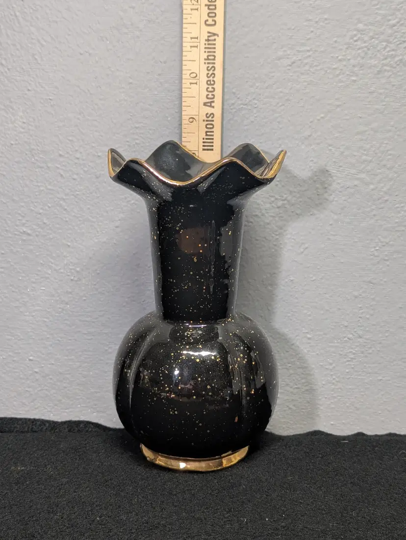 Vintage Mid Century Modern Black & Gold Ceramic Vase