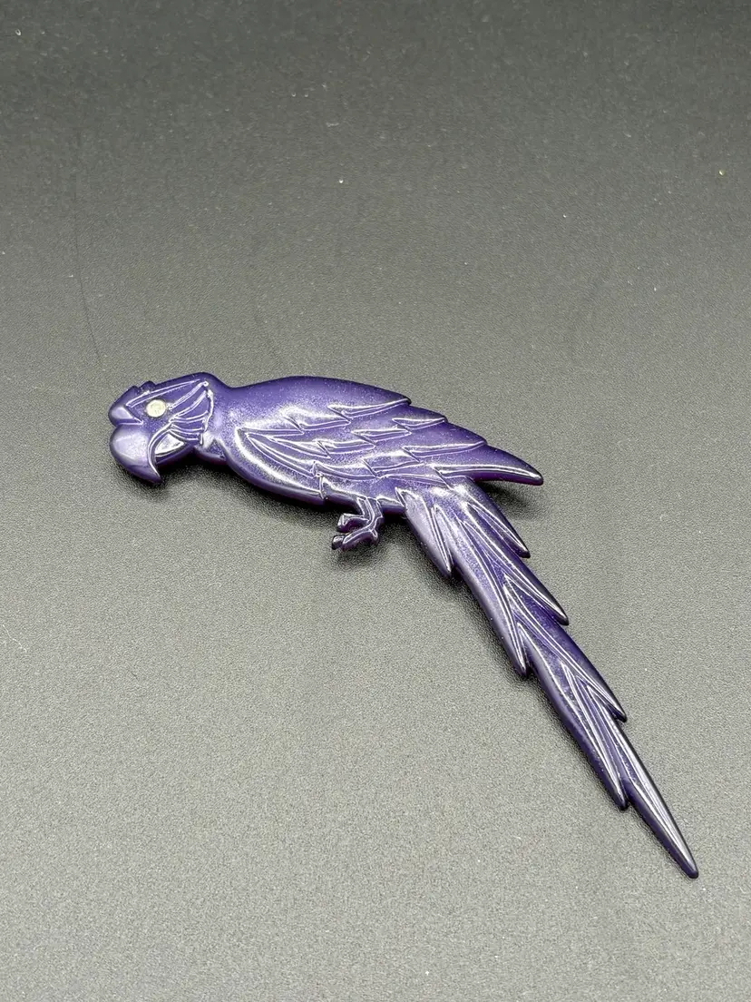 049. Vintage Buch- Deichmann Copenhagen Denmark Purple Parrot Resin  rooch pin 1960’s