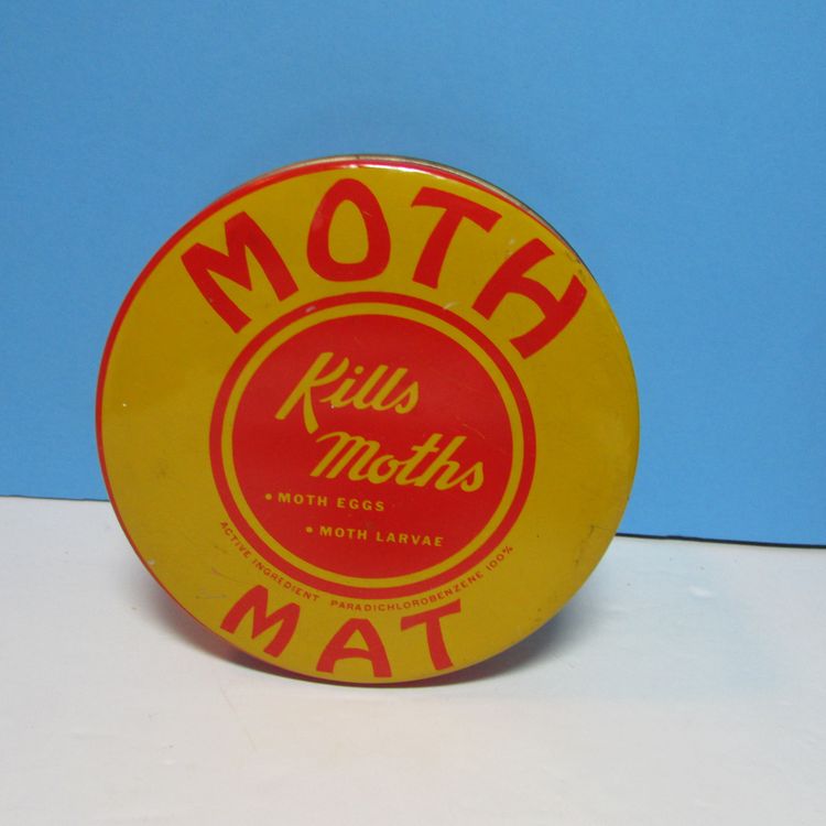 vintage orange and yellow Moth Mat Tin USA Uncle Sam Chemical Co. Halloween fall decor