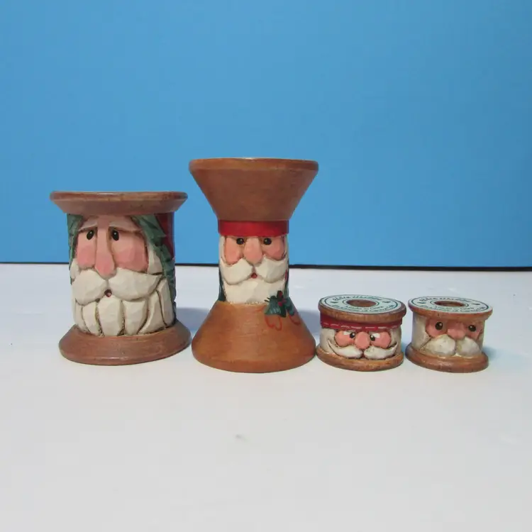 lot of 4 vintage Eddie Walker Sew Sweet carved Santa spools and bobbins Christmas craft room decor