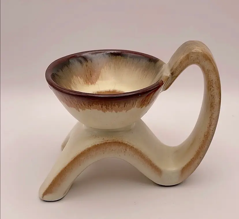 Vintage, Abstract Ceramic Handled Candleholder, Beige/Brown, 4.5” L, 3.25 H, Unmarked (Frankoma Pottery likeness)