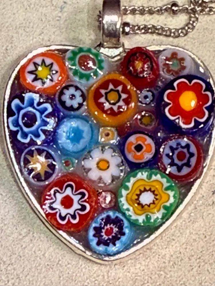Art Glass Millefiori Heart Pendant On 30 Inch Chain