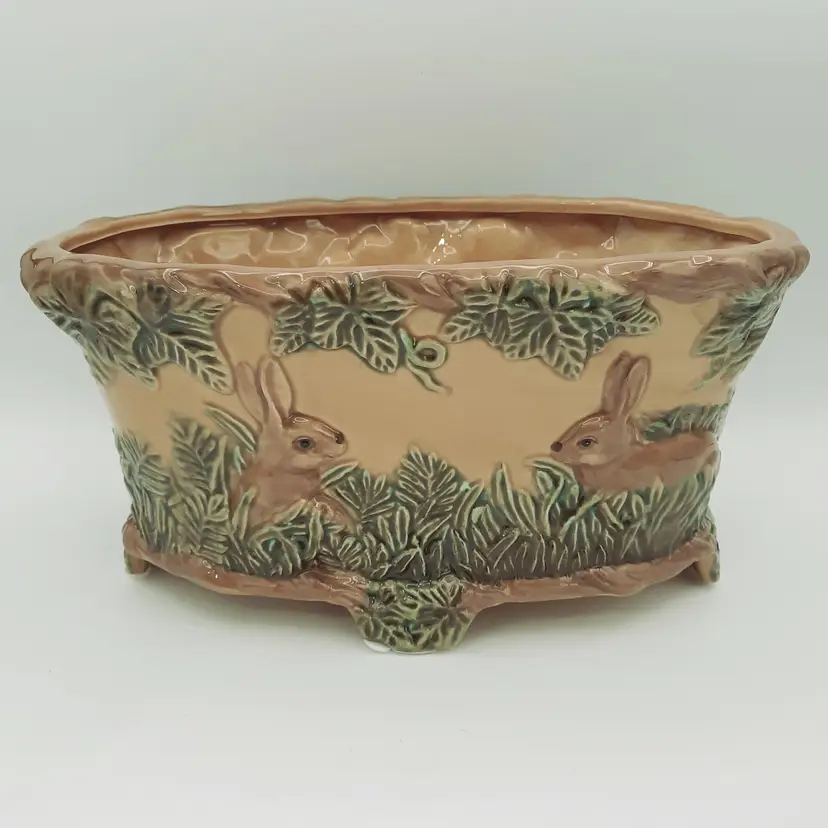 Majolica Bunny Rabbit Planter Cachepot  Golden Mustard Brown Green