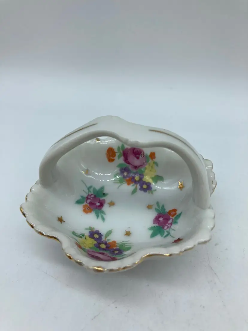 Miniature Japan Porcelain China Floral And Gold Star Basket