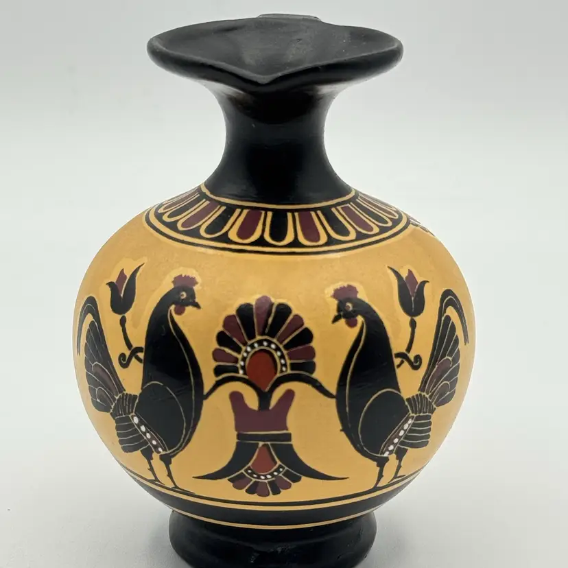 D. Vassilopoulos Greek Terracotta Vase Yellow Rooster Floral Hand Painted Decor