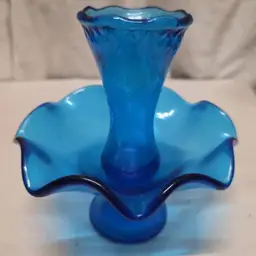 Vintage Blue Glass Epergne Ruffled Single Horn Italy Empoli Mid-Century Vase
