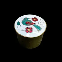 030. Cloisonné Brass Tiny Pill Box With A Bird