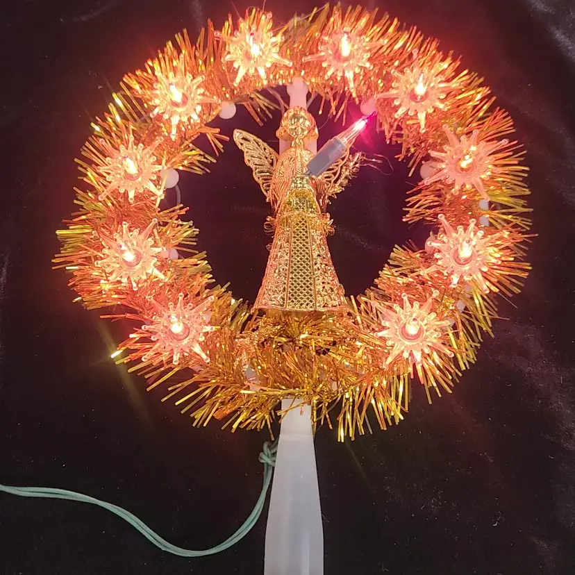 Vintage Gold Angel Christmas Tree Topper Light Up Yule Shiny Tinsel Star Mid Century WORKS - Taiwan
