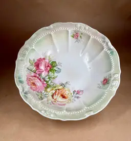 Vintage Shabby Chic Hand Painted German Roses Floral Porcelain Serving Bowl Germany 23