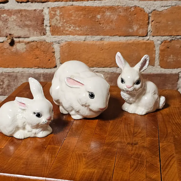 Vintage Byron Mold White Bunny Rabbit Figurines Set of 3 Ceramic Easter Decor Studio Hand Painted