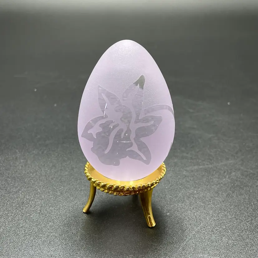 Pilgrim Glass Frosted Purple Egg Flower Gold Stand Easter Spring Decor
