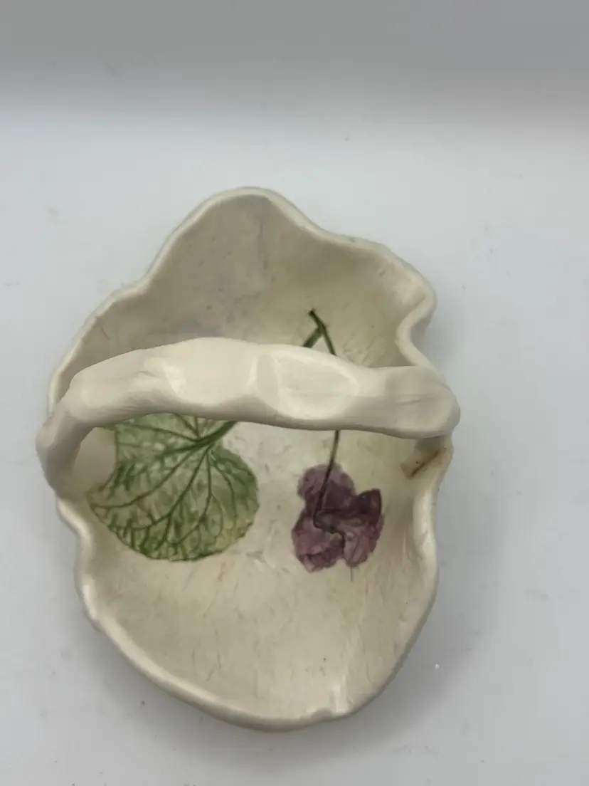 Handmade And Hand Painted Clay Basket Signed By Artist  5” X 3.5” Violet Design