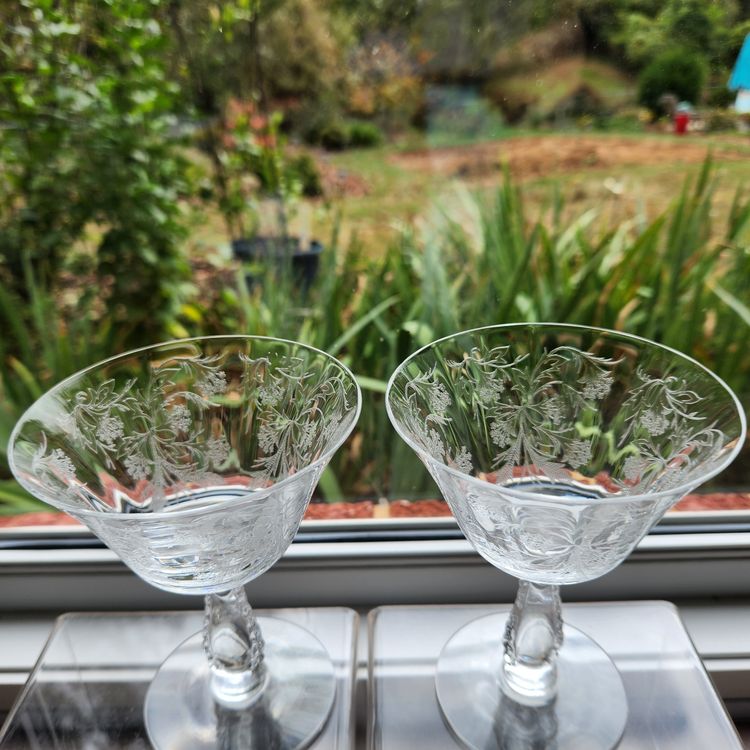 Heather Etch Glasses Set of 2 Champagne Coupe Footed by Fostoria Glass 1950s Retired - USA