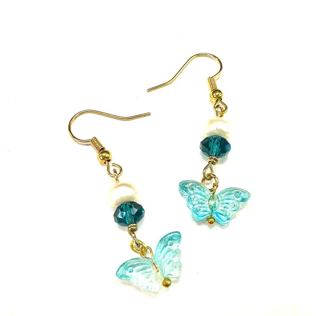 Butterfly Blue Glass Charm Glass Accent Beads Gold Tone Handmade Dangle Earrings 1.75”L Made By Me