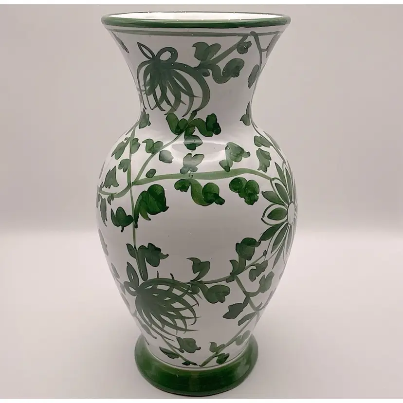 Pottery, 10” Tall Italian Vase, Pretty Green/White Floral and Vine.