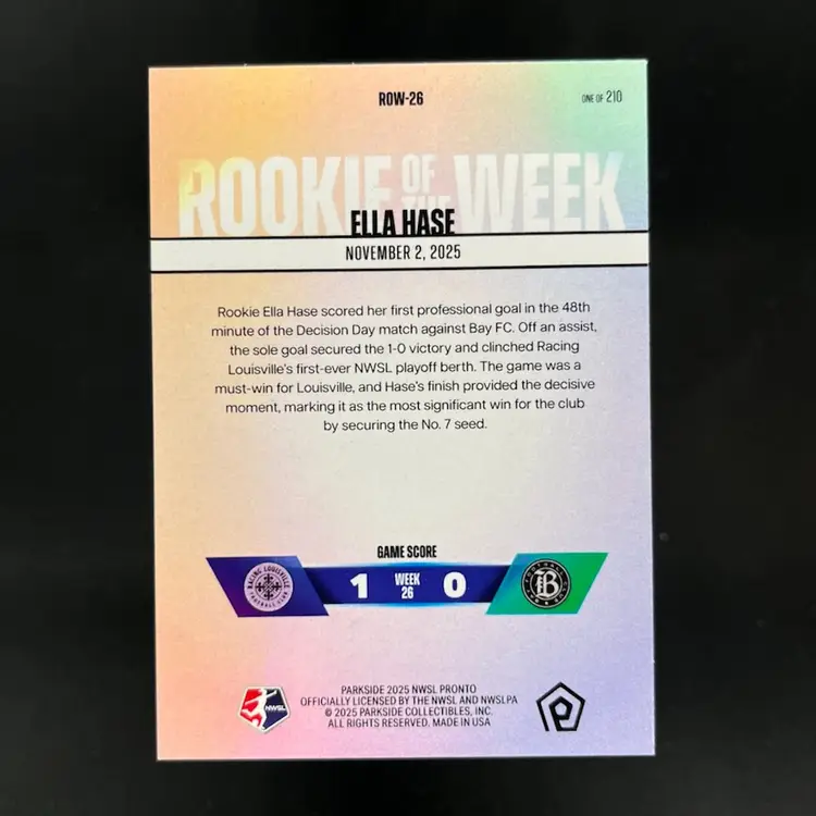 Ella Hase 2025 NWSL Parkside Pronto Rookie Of The Week Subscriber Exclusive /210 Soccer Card #ROW26