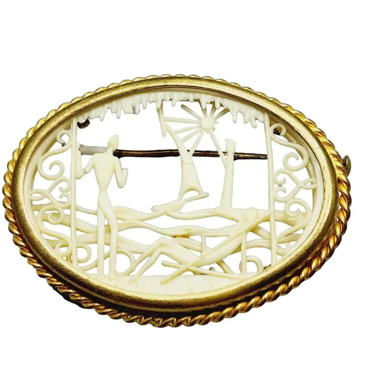 Vintage Signed Depose France Celluloid Brooch w/ Trombone Clasp