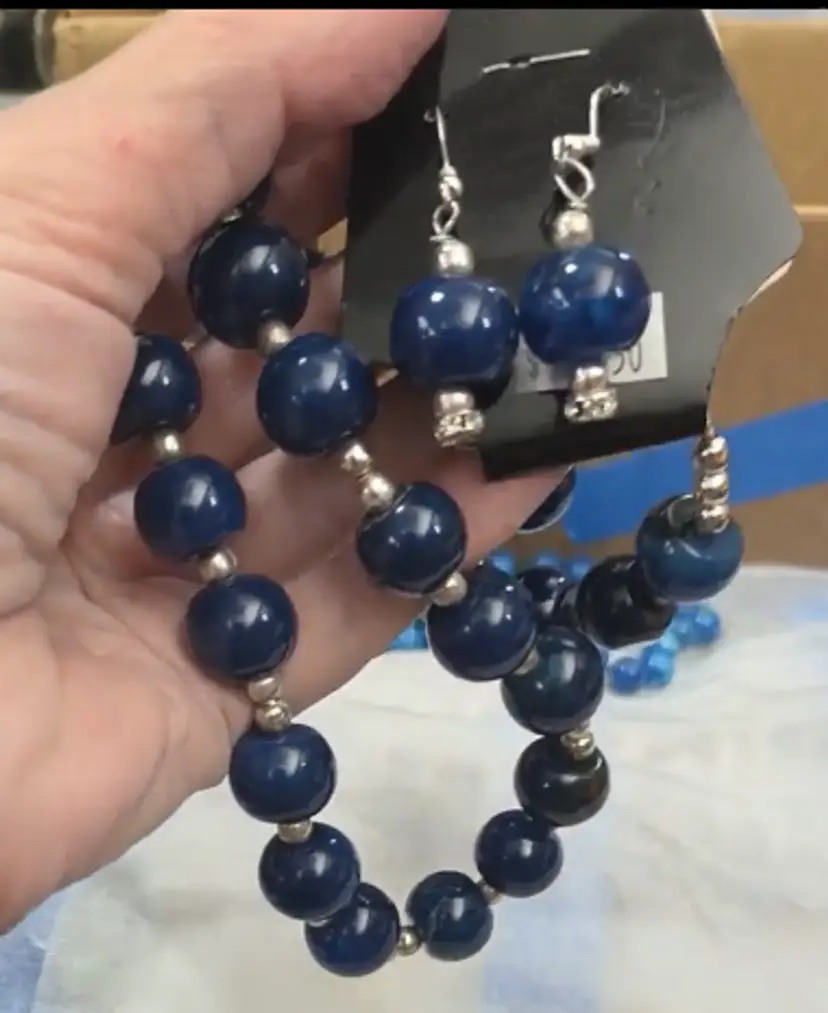 Blue Gemstone Beaded Necklace & Earrings Set