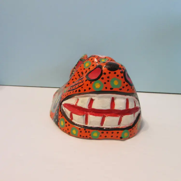 vintage colorful painted wooden dog or fox mask wall decor folk art polka dots spots