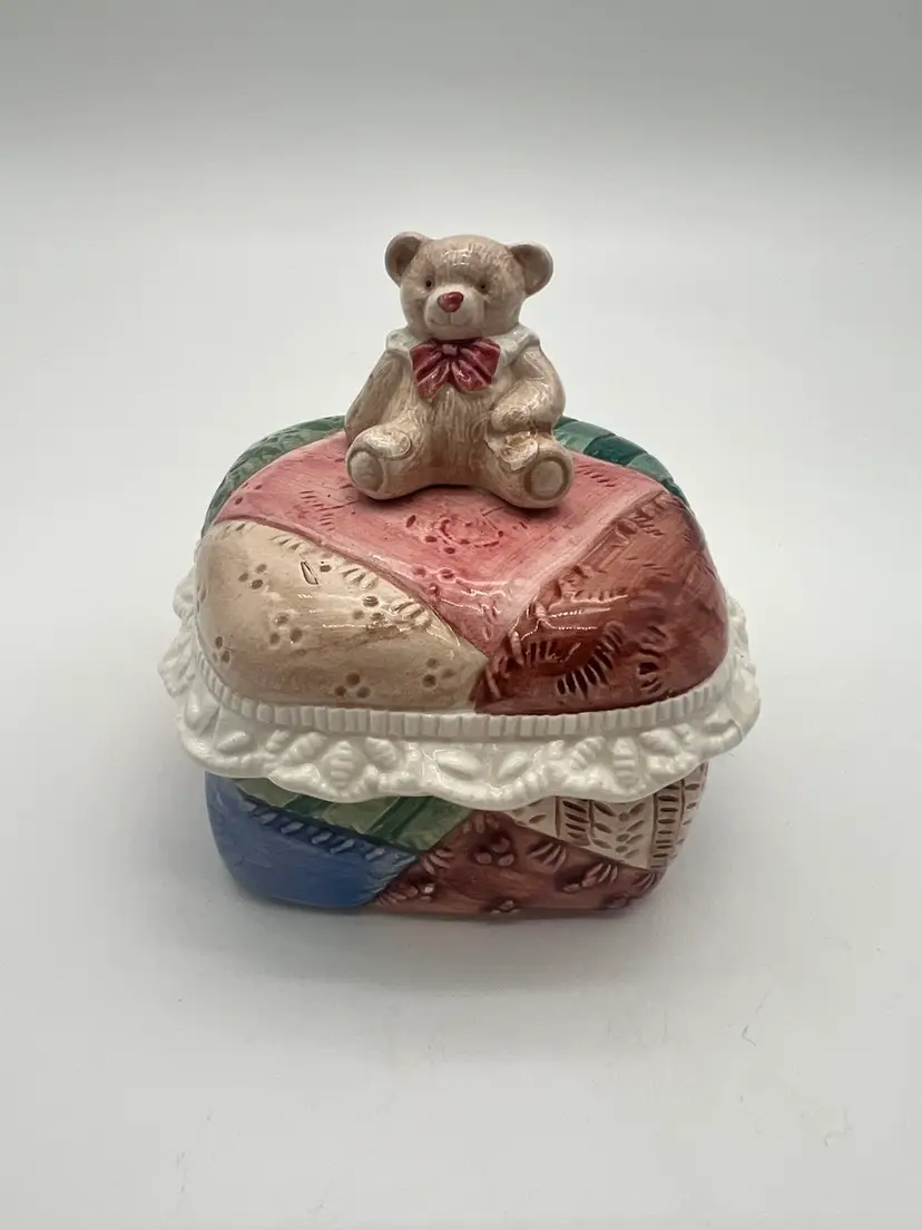 Vintage Fitz & Floyd Patchwork Ruffled Edge Teddy Bear Lidded Trinket Dish