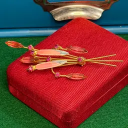 Floral Spray Pink Rhinestone & Enamel Brooch Slender Gold Tone Prong Set