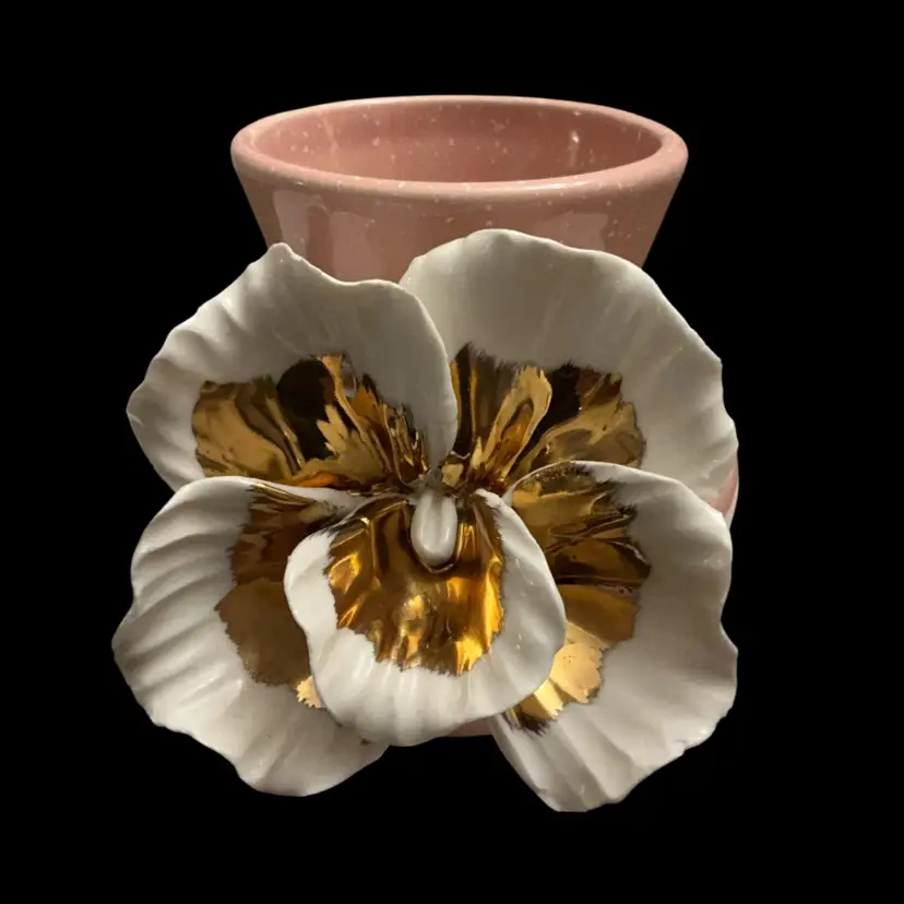 Anthropologie Gilded Bloom Vase w/3-D White And Gold Gilded Orchid Flower 5” x 5”