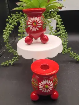 Vintage Wooden Red Candle Holders Hand-Painted Made in Sweden