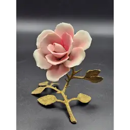 Brass Metal Leaves With Porcelain Pink Rose Flower